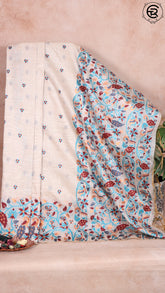 Off-White and Blue Floral Peacock Jamdani Tussar Silk Saree